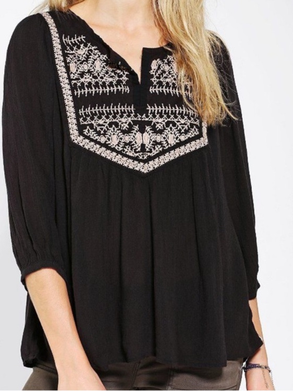 Ecote Urban Outfitters Boho Embroidered Peasant Blouse Black Women S Small